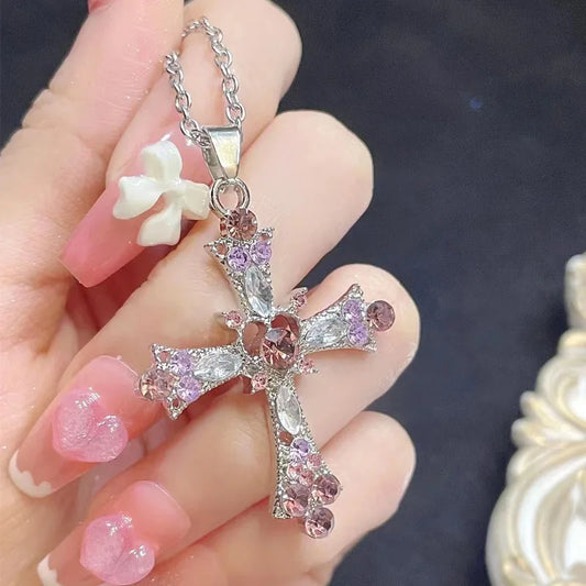 Rosa und lila Halskette für Damen mit Strassanhänger